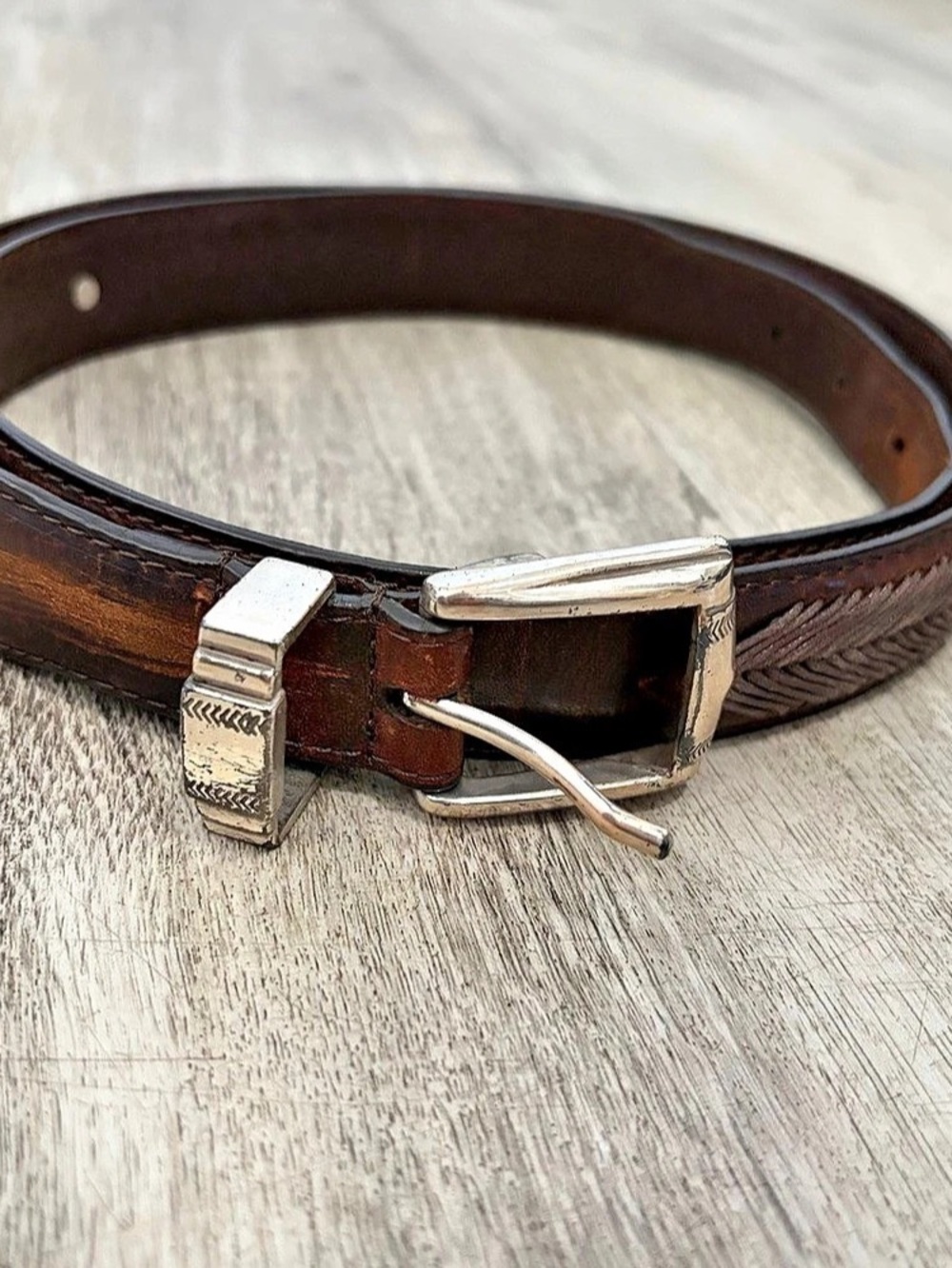 Western Leather Belt Men's Womens 38 Silver Buckle Detailed Southwestern Brown